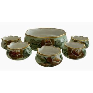 Antique MZ Austria Porcelain Hand Painted Compote Fruit Bowl‎ Berry Bowl Set